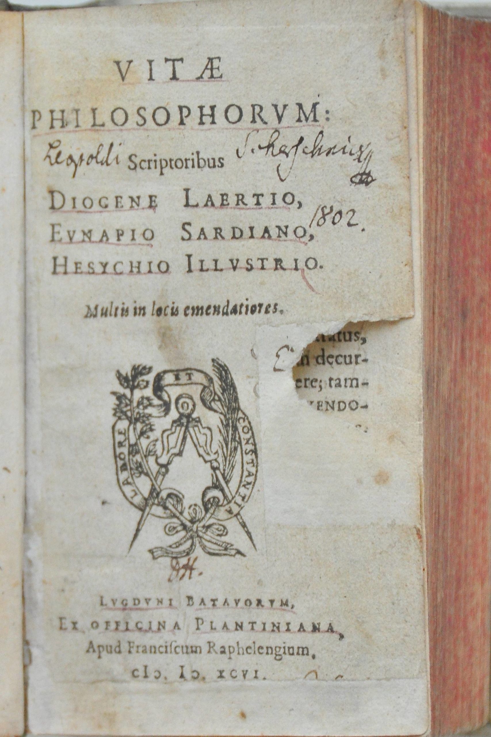 Strona tytułowa edycji Vitae philosophorum (1596)