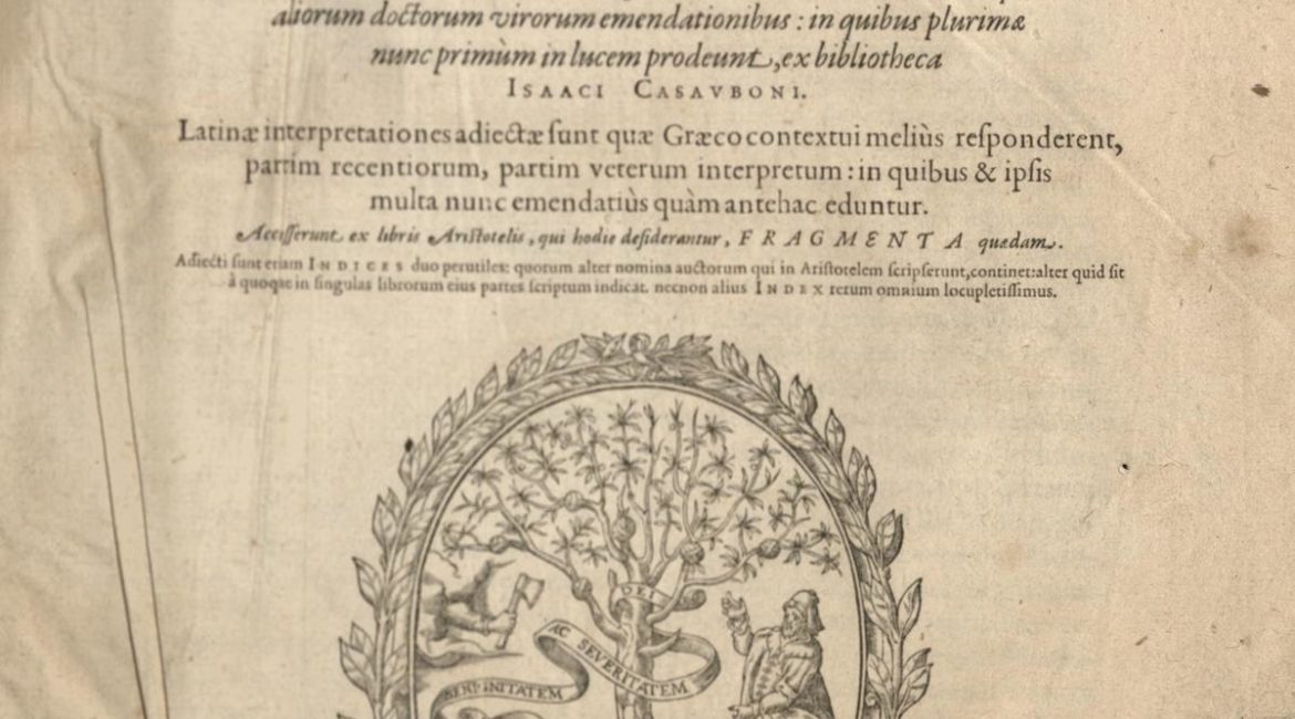 Strona tytułowa I-tomu Aristotelous tou Stageritou ta Sodzomena Lugdunum (1590)