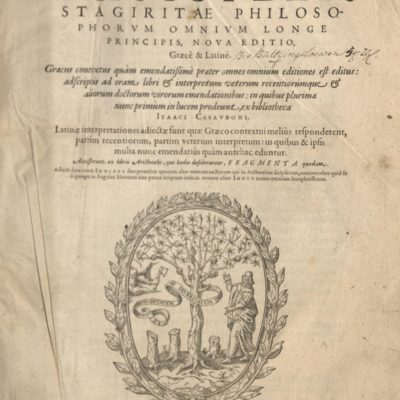 Strona tytułowa I-tomu Aristotelous tou Stageritou ta Sodzomena Lugdunum (1590)