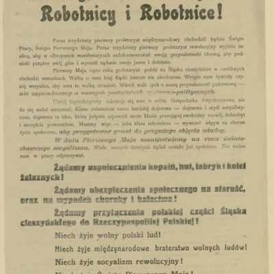 Afisz pierwszomajowy Komitetu Obwodowego PPS na Śląsku w 1920 r. z programem wieców i uroczystości na Śląsku Cieszyńskim