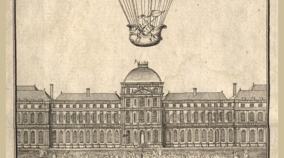 Start balonu z ogrodów Tuileries w Paryżu 1 grudnia 1783 r. Zaprojektowany przez Alexandra Charles’a i wykonany przez braci Robert balon napełniony był wodorem. Ilustracja z publikacji "Montgolfier'sche Luftkörper oder Aerostatische Maschinen", wydanej w 1784 r. w Strasburgu (sygn. BD SD I 00120)