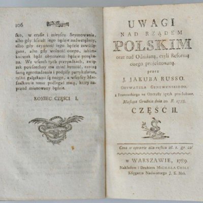 Strona tytułowa II części pierwszego polskiego przekładu Uwag o rządzie polskim (1789)