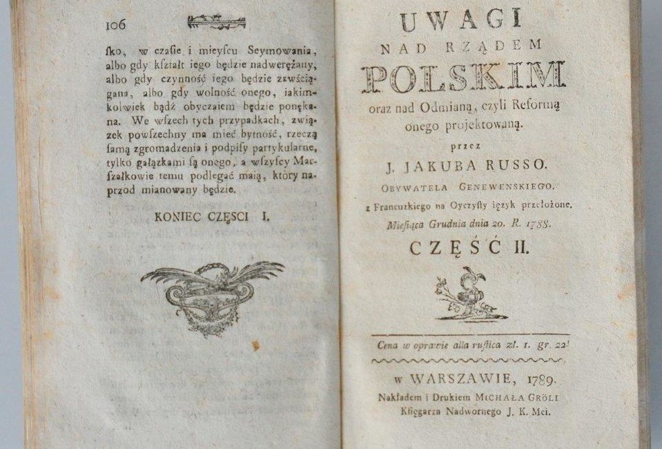 Strona tytułowa II części pierwszego polskiego przekładu Uwag o rządzie polskim (1789)
