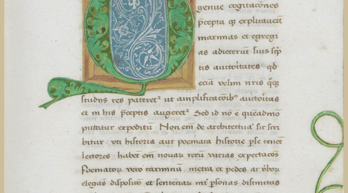 Początek piątej księgi „De Architectura libri decem” – oprócz inicjału litery Q, marginesy karty ozdobione zostały floraturą.